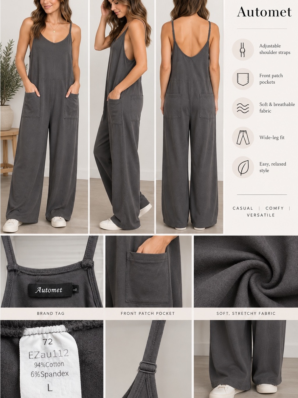 Women's Charcoal Wide-Leg Jumpsuit